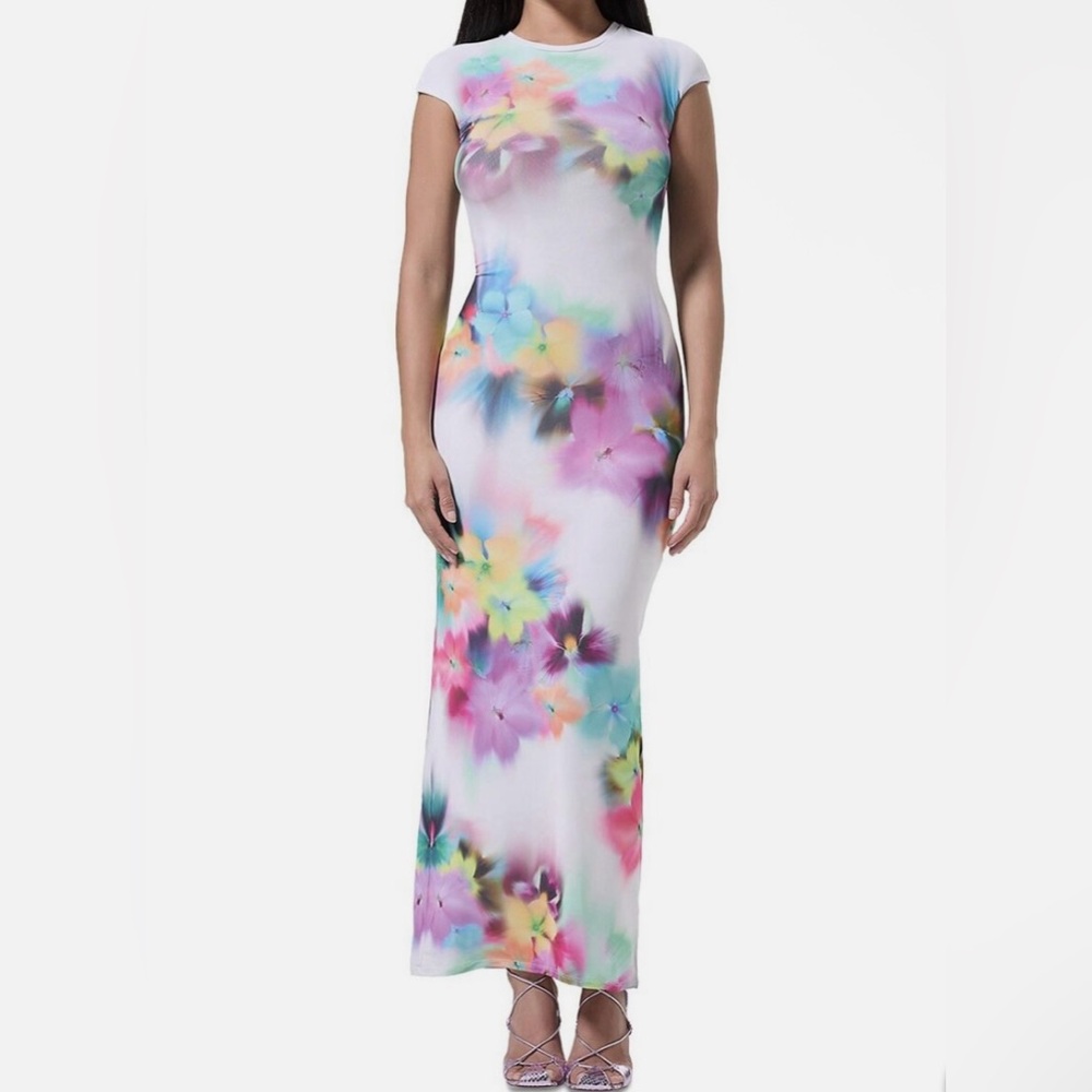 NWT AFRM Cody Blur Blossom Maxi T-Shirt Dress – Fitted Mesh Cap Sleeve Size XS